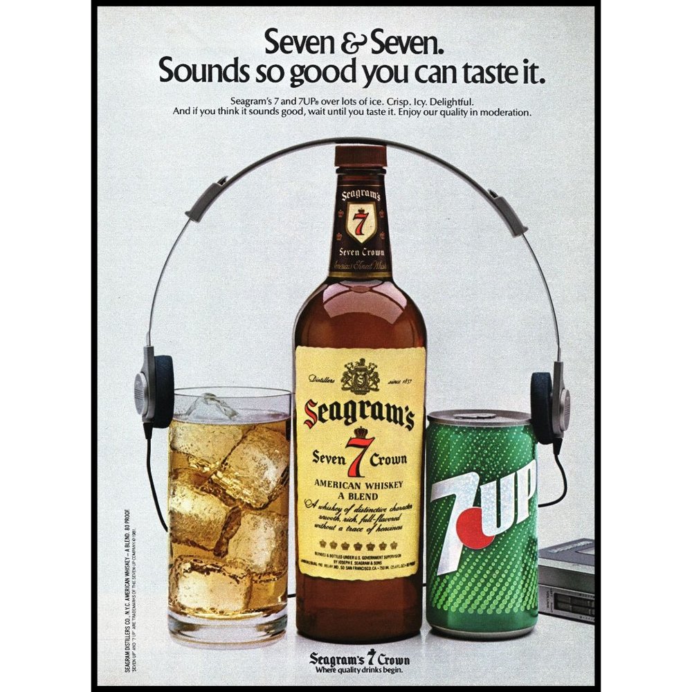 1981 Seagram's 7 Seven Crown Whiskey Vintage Print Ad 7up Soda Walkman Wall Art